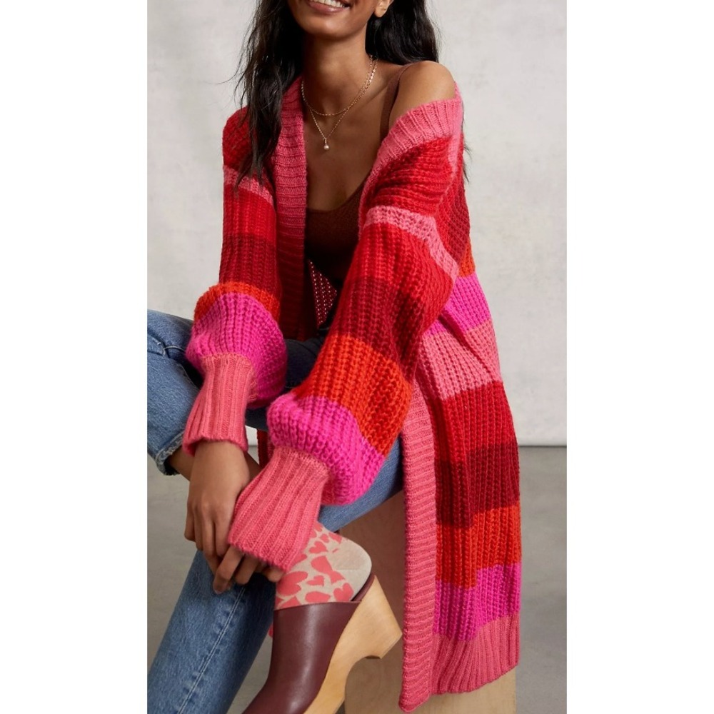 By Anthropologie Striped Chunky Knit Open Front Cardigan Pink Red Orange OS - Picture 5 of 5